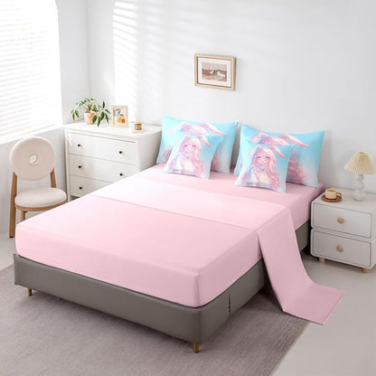 Erosebridal 3D Anime Girl Bedding Set,Japanese Girl Bed in A Bag Cartoon Anime Queen Comforter Set 7 Piece for Kids Teen Women Room Decor,Pink Kawaii Rabbit Doll Blue Bed Set