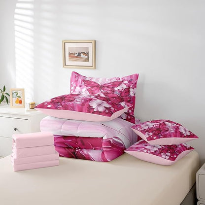 Erosebridal Girls Hot Pink Butterfly Bedding Sets Queen 7 Piece White Flowers Oil Painting Boho Kids Comforter Set Retro Aesthetics Bohemian Butterfly Bed in A Bag,Floral Butterfly Sheet Set