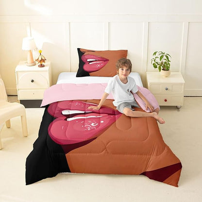 Erosebridal Black Girls Pink Bedding Set for Kids African Black Women Twin Comforter Set Vogue Fashion Gorgeous Duvet Insert for Girls Women Teens Minimalist Romantic Makeup Quilt with 1 Pillow Case