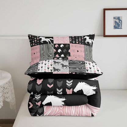 Girls Unicorn Comforter King Girly White Horse Bedding Western Cowboy Cowgirls Quilt Patchwork Buffalo Plaid Duvet Insert Arrow Stripes Wild Animal Soft Down Comforter 3Pcs Bedroom Decor,Pink Black