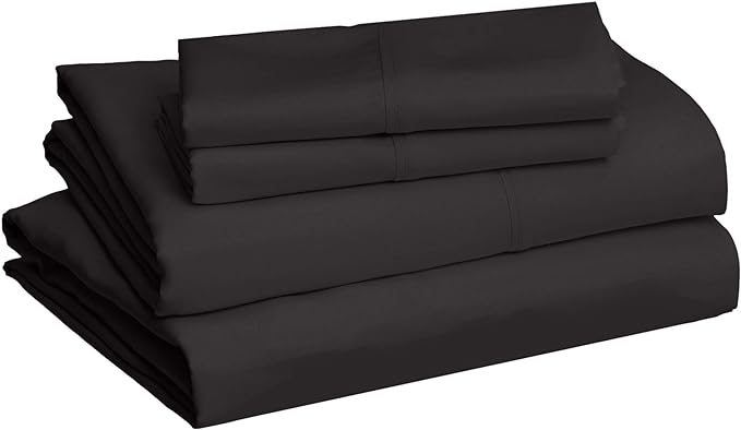 Amazon Basics Lightweight Super Soft Easy Care Breathable Microfiber 4-Piece Bed Sheet Set with 14-Inch Deep Pockets, Wrinkle Resistant, Full, Black, Solid