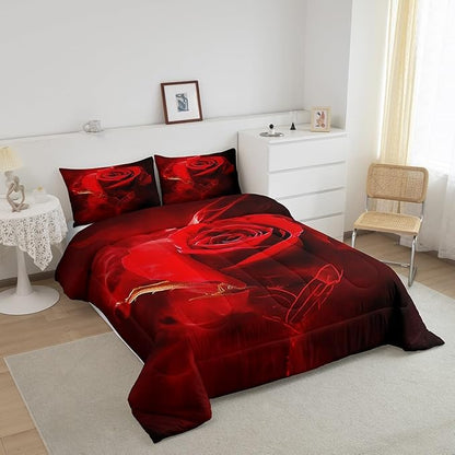 Erosebridal 3D Red Rose Comforter King,Romantic Floral Down Comforter for Girls Women Valentine's Day Gift,Ombre Botanical Flowers Bedding Soft Microfiber 3Pcs Quilted Duvet (1 Quilt+2 Pillow Cases)