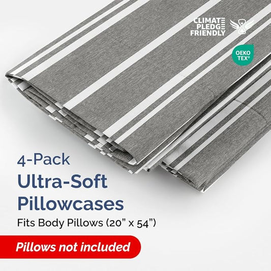 Body Pillowcases Set of 4-20x54 Long Body Pillow Case - Soft Body Pillow Cover for Sleeping & Side Sleepers - Comfy, Breathable & Fade Free - Machine Washable w/Envelope Enclosure - (Grey Stripes)