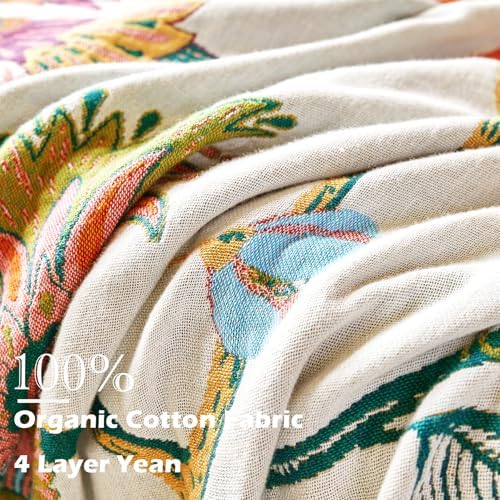 VANJOROY Boho Throw Blanket, 100% Organic Cotton Breathable Skin-Friendly Ultra Soft Bed Quilt Throw - All Season Floral Bird Farmhouse Décor Luxury Blanket for Sofa Couch Chair and Gift. 50" x 60"