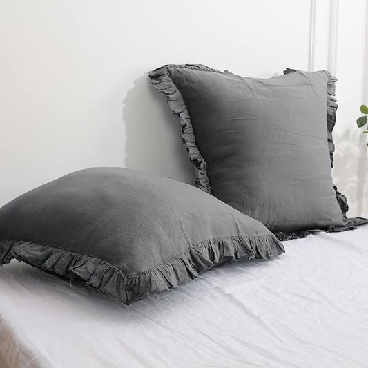 Simple&Opulence 100% Linen Euro Sham Covers with Ruffle, 26x26 Inch Pillow Covers Set of 2, Euro Pillow Shams for Bed Couch French Home Decor Luxury and Breathable Square Pillow Cases, Dark Grey