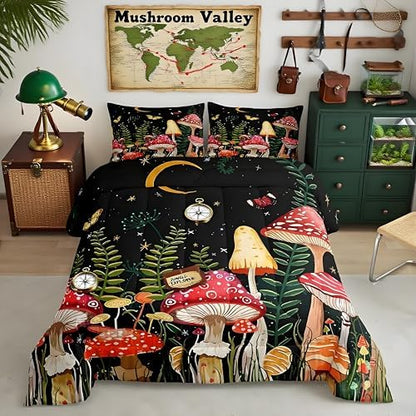Feelyou Kids Mushroom Bedding Set Natural Wild Fungus Comforter Set for Kids Boys Girls Botanical Plants Duvet Set Butterfly Comforter 1 Comforter Set with 2 Pillowcases Queen Size