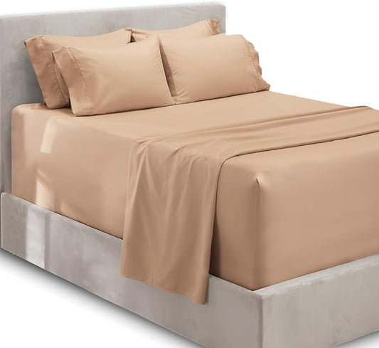 Hearth & Harbor Extra Deep Pocket Queen Sheets Sets - Fits Mattress 18-24 Inches Deep - Extra Deep Pocket Sheets - 6 Piece Queen Size - Taupe