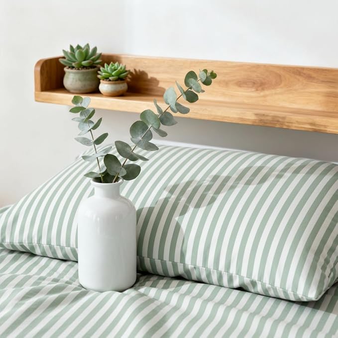 Striped Comforter Set Queen Size Green White Wide Stripes Pattern Bedding Set for All Season Soft Fluffy Down Alternative Comforter 3 Pieces, 100% Microfiber, 2 Pillowcases