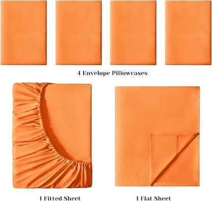 BYSURE 6 Pieces Bed Sheets Set(Full, Orange Apricot) - Hotel Luxury Super Soft 1800 Thread Count 100% Microfiber Sheets with Deep Pockets, Wrinkle & Fade Resistant