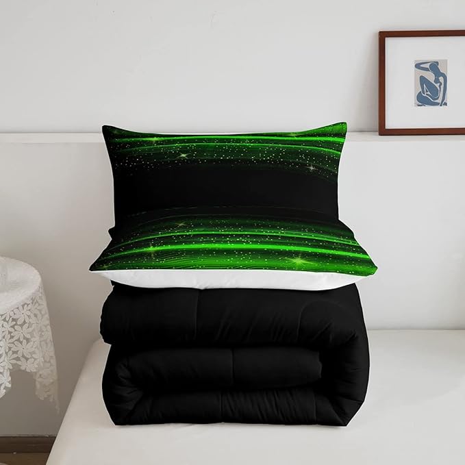 Ombre Stripes Bedding Set King Black Green Outer Space Comforter Modern Gradient Geometric Down Comforter for Kids Boys Girls Teens Adult Soft Quilt Warm Lightweight with 2 Pillowcases Bedroom Decor