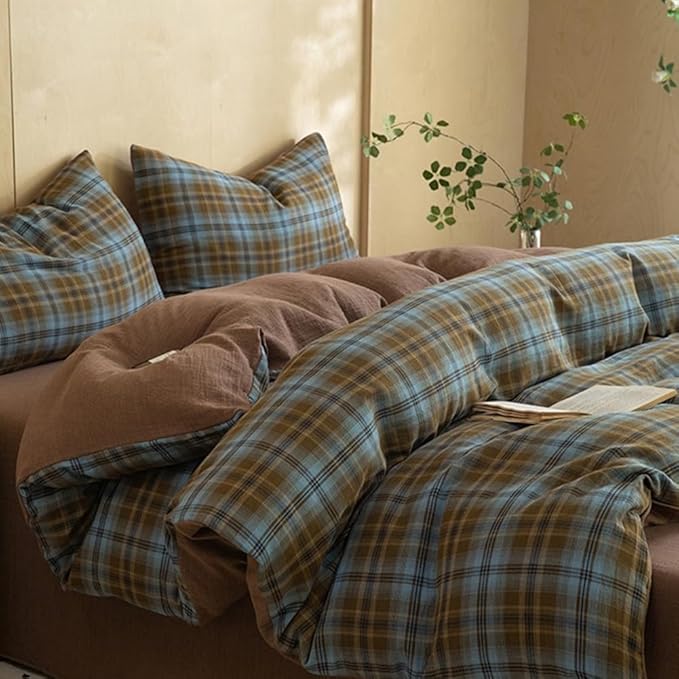 LifeTB Vintage Blue&Brown Plaid Duvet Cover Twin 100% Cotton Muslin Grid Checkered Plaid Bedding Set Breathable Soft Linen Like Gauze Comforter Cover Farmhouse Gingham Duvet Cover with Zipper Closure