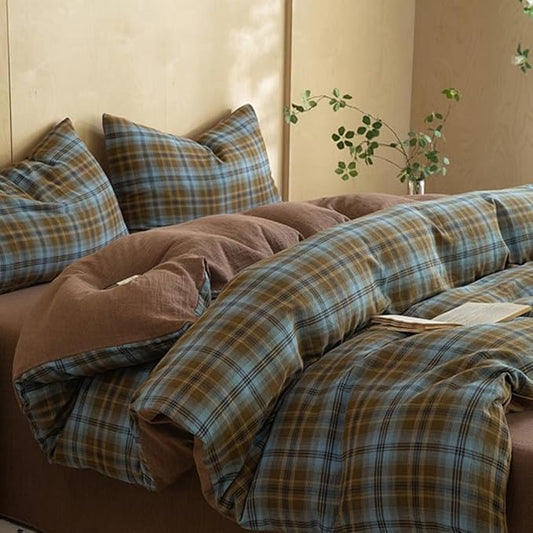 Vintage Blue&Brown Plaid Duvet Cover Twin XL 100% Cotton Muslin Grid Checkered Plaid Bedding Set Breathable Soft Linen Like Gauze Comforter Cover Farmhouse Gingham Duvet Cover with Zipper Closure