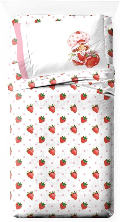 Jay Franco Kids Sheet Set with Fitted, Flat Sheets & Pillow Cover - Ultra-Soft Bedding with Pillowcase for Room Decor, White - Strawberry Shortcake, 3 Piece Twin
