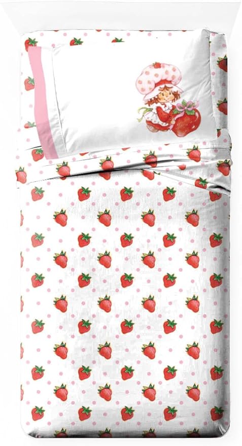 Jay Franco Kids Sheet Set with Fitted, Flat Sheets & Pillow Cover - Ultra-Soft Bedding with Pillowcase for Room Decor, White - Strawberry Shortcake, 3 Piece Twin