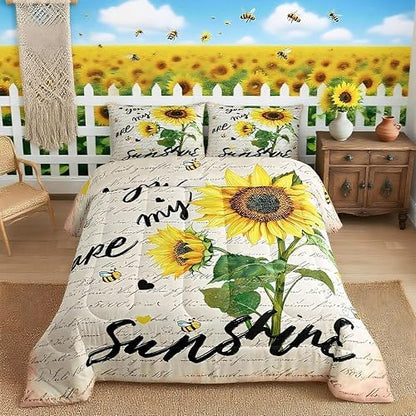 Sunflower Comforter Set Full Size,Romatic Sunshine Graffiti Bedding Set 3pcs for Kids Teens Couple Adults Home Room Decor,Rustic Farmhouse Bee Quilt Set Nature Plants Animals Duvet Insert