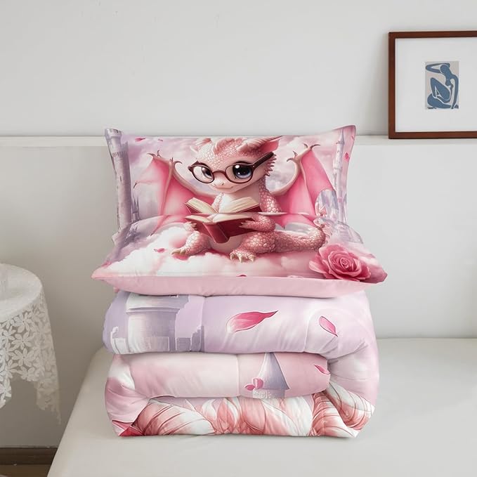 Kawaii Dragon Comforter Set Full Size for Kids Western Magical Animal Bedding Sets All Season Pink Rose Flower Castle Quilt Set Bedroom Decor Dreamy Gradient Sky Down Comforter,3Pcs