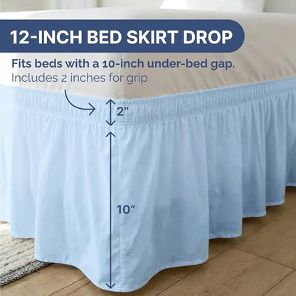 Wrap Around Dust Ruffle Bed Skirt - Sky Blue - for King Size Beds w/ 12 Inch Drop - Easy Fit Elastic Strap - Adjustable Pleated Bedskirt w/Brushed Fabric - Wrinkle Free, Women, Men, Kids & Teens