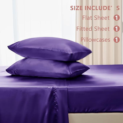CozyLux Satin Sheets Twin Sheet Set - 3 Piece Silky Twin Bed Sheets, Luxury Purple Sheet Twin Size Bed Set with Smooth and Soft Microfiber, Includes 1 Fitted Sheet, 1 Flat Sheet and 1 Pillowcase