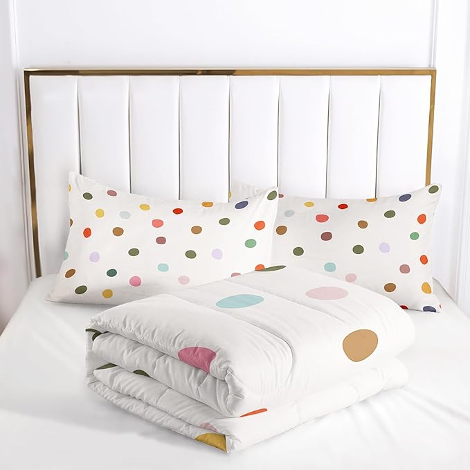 Colorful Polka Dots Comforter Set for Girls,Girly Kawaii Cartoon Bedding,Twin Size Multicolor Circles and White Comforter for Girls Women,Modern Geometry Bedding Set 1 Quilt 2 Pillowshams