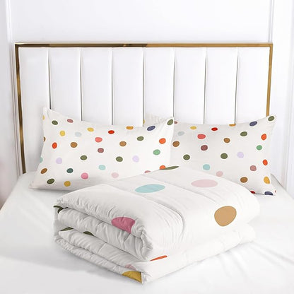 Colorful Polka Dots Comforter Set for Girls,Girly Kawaii Cartoon Bedding,King Size Multicolor Circles and White Comforter for Girls Women,Modern Geometry Bedding Set 1 Quilt 2 Pillowshams