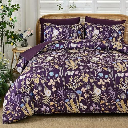Full Size Comforter Set, Dark Purple Floral Bedding Comforter Set 7 Piece