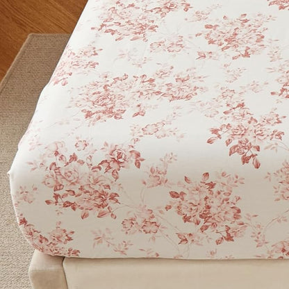 DAUAOTO 100% Cotton Bedding Printed Sheets Set for King Size Bed Up to 14" Deep Mattress, Toile Rose Floral Pattern Bedlinen Sets, Pale Red