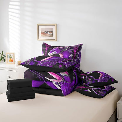 Erosebridal 3D Dragon 7 Piece Comforter Set Full Bed in a Bag,Vintage Gothic Purple Dragon Bedding Sets Antique Wildlife Mythical Animal Sheet Set with Comforter