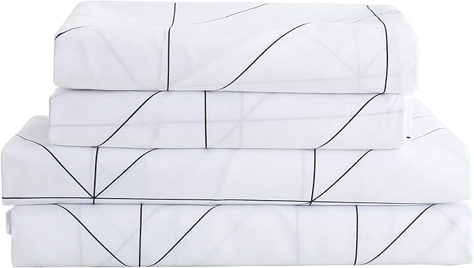 Best Season Bed Sheet Set 3 Pieces -Twin Size-Soft Durable Microfiber Bedding Sheet Set,Deep Pocket,Stain,Fade & Wrinkle Resistant(Geometric White)