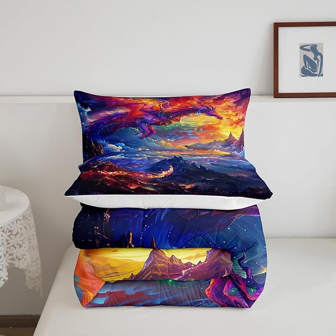 Dragon Bedding Set Queen Size,Starry Sky and Flame Mountain Comforter Set 3Pcs,Kids Girls Boys Teens Bedroom Decor,Magical Animals Quilt Set Purple Western Wildlife Theme Duvet Insert,2 Pillowcases