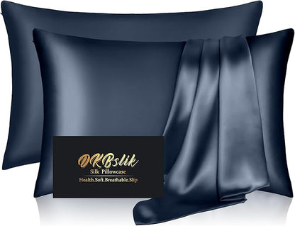 Silk Pillowcase 2 Pack, Natural Mulberry Silk Pillow Cases, Anti Acne Silk Pillowcase for Hair and Skin, King Size Silk Satin Pillowcase Set of 2 with Zipper, Gifts for Sleeping Women, Mood Indigo