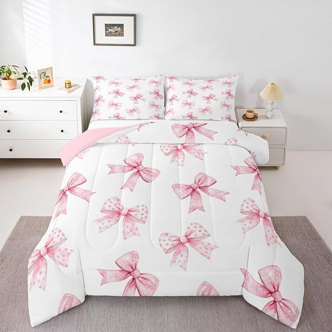 Erosebridal Pink Bow Kids Bedding | Coquette Bowknot Queen Comforter Sets,Princess Girls Ribbon Bowtie Comforter Watercolor Cute Duvet Insert with 2 Pillow Cases