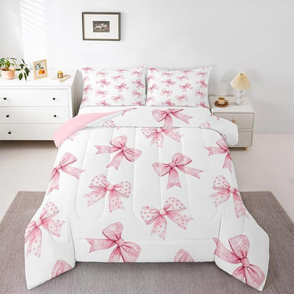 Erosebridal Pink Bow Kids Bedding | Coquette Bowknot Full Comforter Sets,Princess Girls Ribbon Bowtie Comforter Watercolor Cute Duvet Insert with 2 Pillow Cases