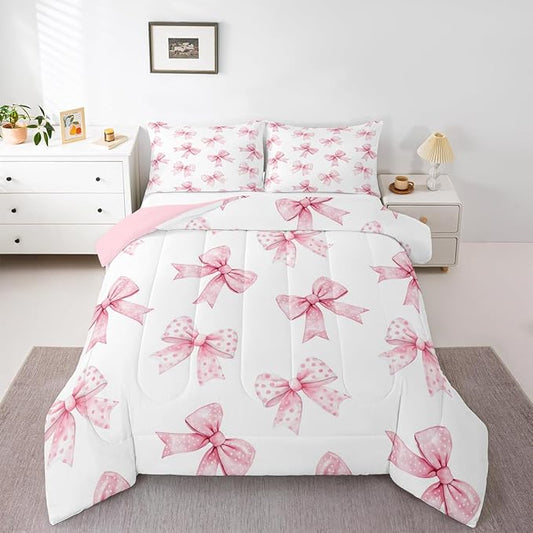 Erosebridal Pink Bow Kids Bedding | Coquette Bowknot Twin Comforter Sets,Princess Girls Ribbon Bowtie Comforter Watercolor Cute Duvet Insert with 1 Pillow Case