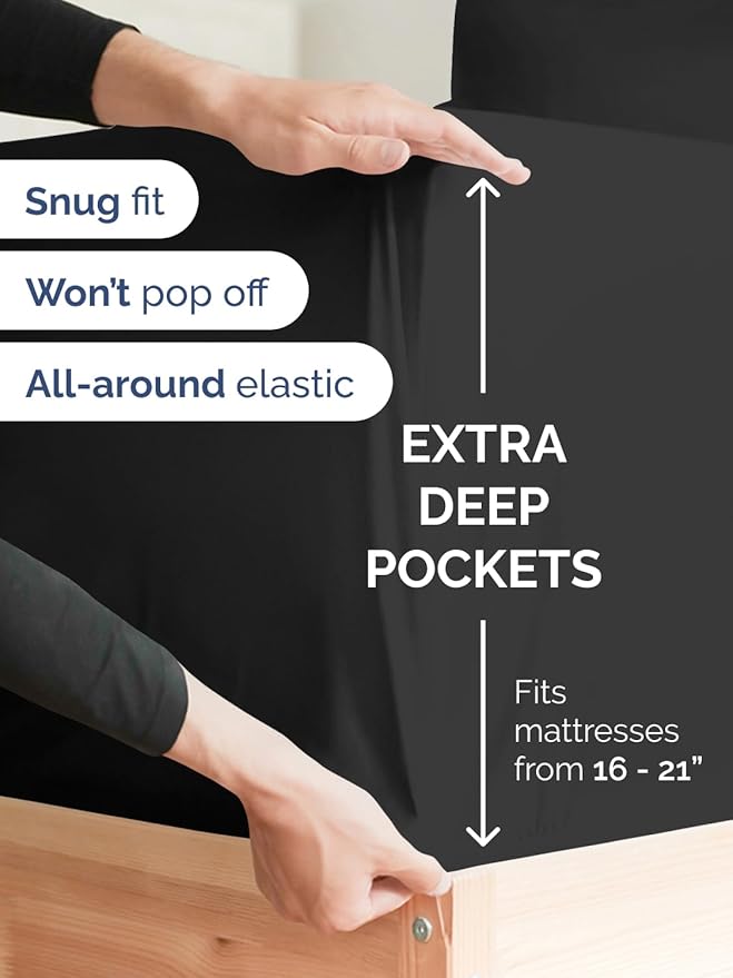 Extra Deep Pocket Split King Size Sheet Set - 5 Piece Breathable & Cooling Bed Sheets - Hotel Luxury Bedding with 16 to 21 inch Extra Deep Pockets - Soft, Fade & Wrinkle Resistant - Oeko-Tex - Black