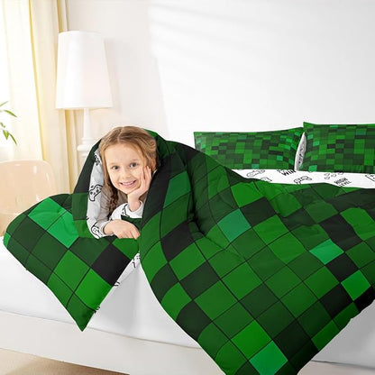Pixelated Miners Game Kids Bedding Set King Size,Geometric Check Video Games Comforter Set,Gamepad Grid Gaming Quilt Comforter,Dark Green Bedroom Duvet Insert,2 Pillowcases
