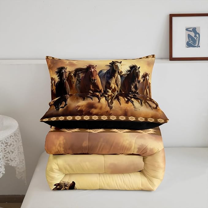 Feelyou Boho Comforter Set Queen Size Horses Comforter Southwestern Native Aztec Bedding Set Retro Exotic Boho Duvet Set Room Decor Dark Brown Quilt Set