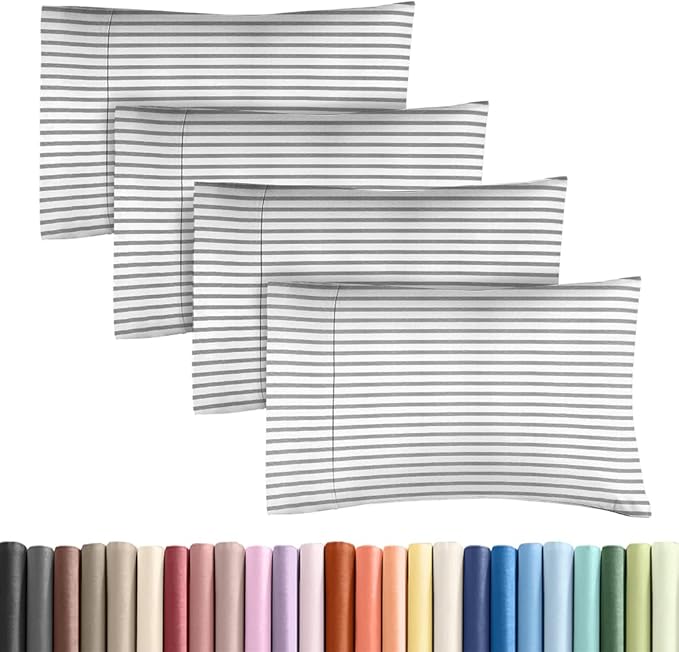 Standard Pillow Cases Set of 4 - Soft Hotel Quality Pillowcase Covers - Comfy, Cozy Bedding for Women, Men, Kids & Teens - Machine Washable Pillow Protectors - 4 Piece - Standard Size Grey Stripes