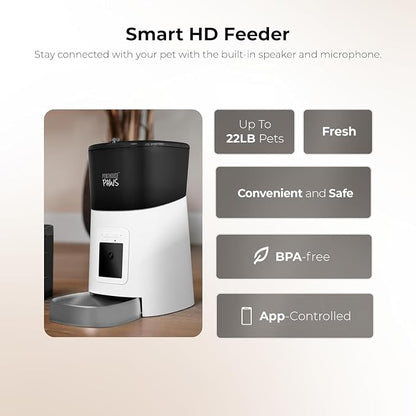 Smart HD Pet Feeder, 6L Dry Food Capacity, 1080p Camera, 2-Way Audio, Scheduled Meals, Backup Power, Easy to Clean, Anti-Jam Design for Cat & Dog, White/Stainless Steel