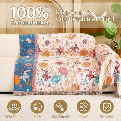 VANJOROY Boho Throw Blanket, 100% Organic Cotton Breathable Ultra Soft 80" x 90" Bed Quilt Throw - All Season Floral Rustic Farmhouse Decor Luxury Reversible Blanket for Sofa Couch Chair and Gift
