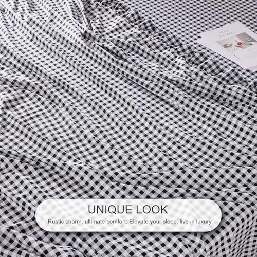 Gingham Full Sheet Set, Lightweight Super Soft Brushed Microfiber Plaid Bed Sheets with 16" Deep Pocket, 4 Piece Ruffle Farmhouse Bedroom Decor, Black