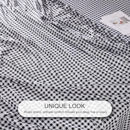 Gingham Full Sheet Set, Lightweight Super Soft Brushed Microfiber Plaid Bed Sheets with 16" Deep Pocket, 4 Piece Ruffle Farmhouse Bedroom Decor, Black