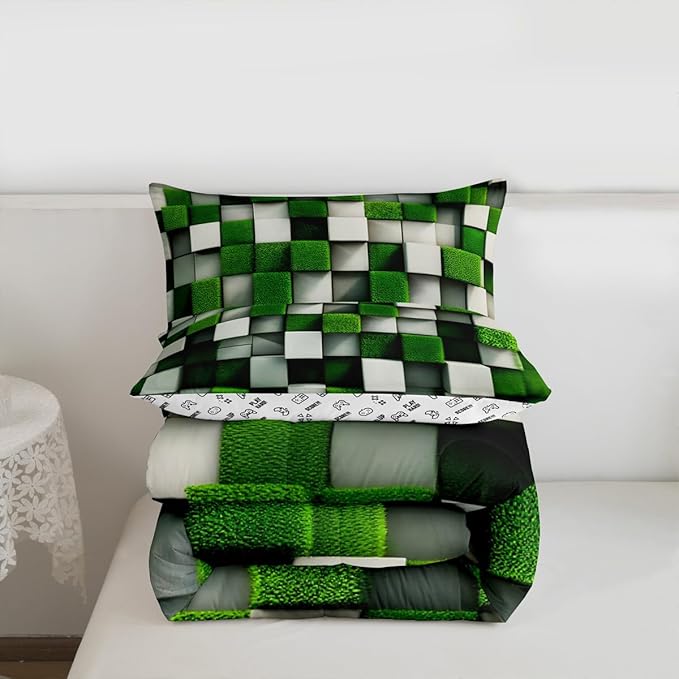 Pixelated Miners Game Comforter Set Full Size,Video Games Cartoon Gamepad Kids Bedding Set,Modern Geometric Check Quilt Comforter,Green White Duvet Insert,2 Pillowcases