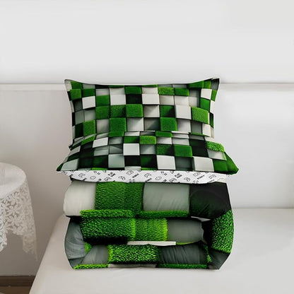 Pixelated Miners Game Kids Bedding Set King Size,Video Games Cartoon Gamepad Comforter Set，Modern Geometric Check Quilt Comforter,Green White Bedroom Duvet Insert,2 Pillowcases