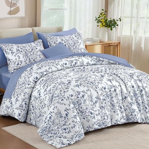 WONGS BEDDING 8 Pieces Blue Floral Comforter Set King Size Bed Set