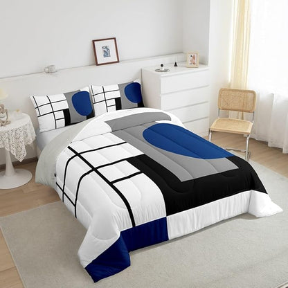 Erosebridal White Black Blue Striped Bedding Set Full Size Boho Modern Geometric Abstract Comforter Set for Adult Women Men Stripes Lines Bed Sets Minimalist Square and Circle Quilt Sets