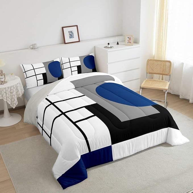 Erosebridal White Black Blue Striped Queen Comforter Set for Adult Women Men Boho Modern Geometric Abstract Bedding Set Stripes Lines Bed Set Minimalist Square and Circle Quilt Set
