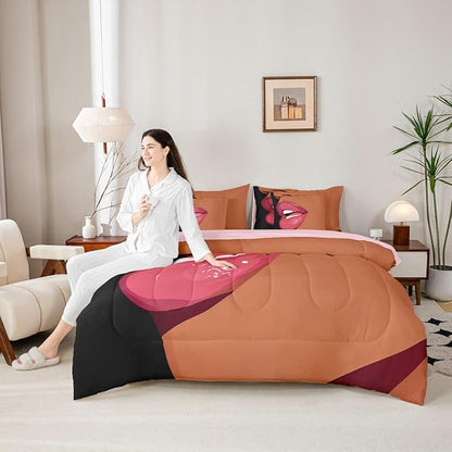 Erosebridal Black Girls Pink Comforter Sets 7 Piece for Kids African Black Women Queen Sheet Set Vogue Fashion Gorgeous Bedding Set for Girls Women Teens Minimalist Romantic Makeup Bed in A Bag