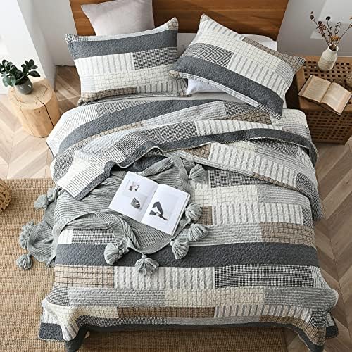 Finlonte Quilt King Size 100% Cotton King Size Quilts Grey Black Brown Quilted Bedspreads Plaid Comforter Set Lightweight Reversible Soft Breathable Bedding Sets for All Season, 3 Pieces