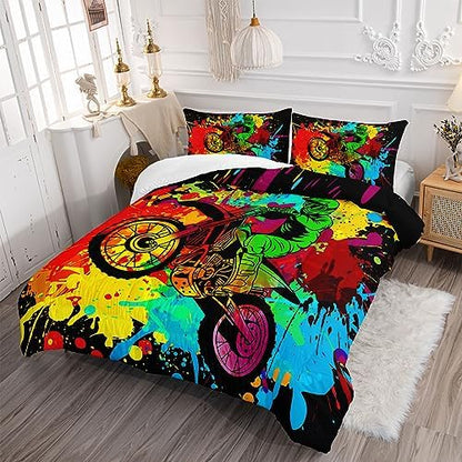 Axolotl Motocross Bedding Set Queen,Dirt Bike Comforter Set,Extreme Sports Bedding,Motorcycle Racer Comforter Set Motocross Comforter Motor Vehicles Biker For Boys Kids Teens Men,1 Quilt 2 Pillowcases