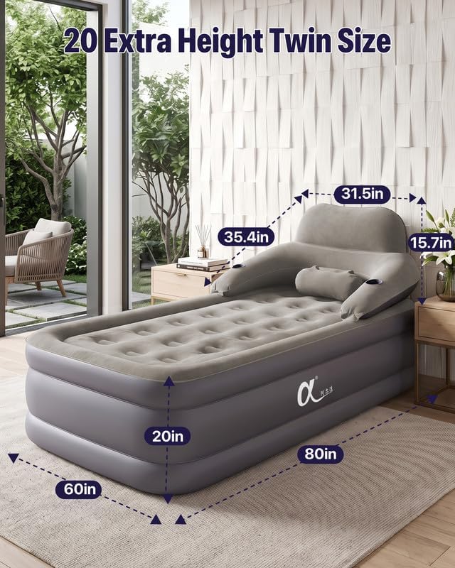 A-ER-FA Twin Air Mattress Built in Pump 20" Raised Comfort Inflatable Mattress with Headboard & Cup Holders, Fast & Easy Inflation Air Bed Twin XL Blow Up Mattress for Home, Guest, Camping, Outdoor